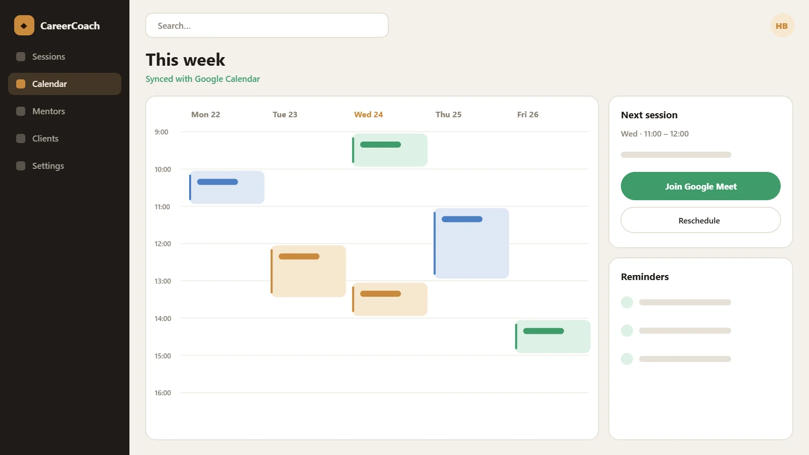 CareerCoach weekly calendar synced with Google Calendar (illustrative mock-up)