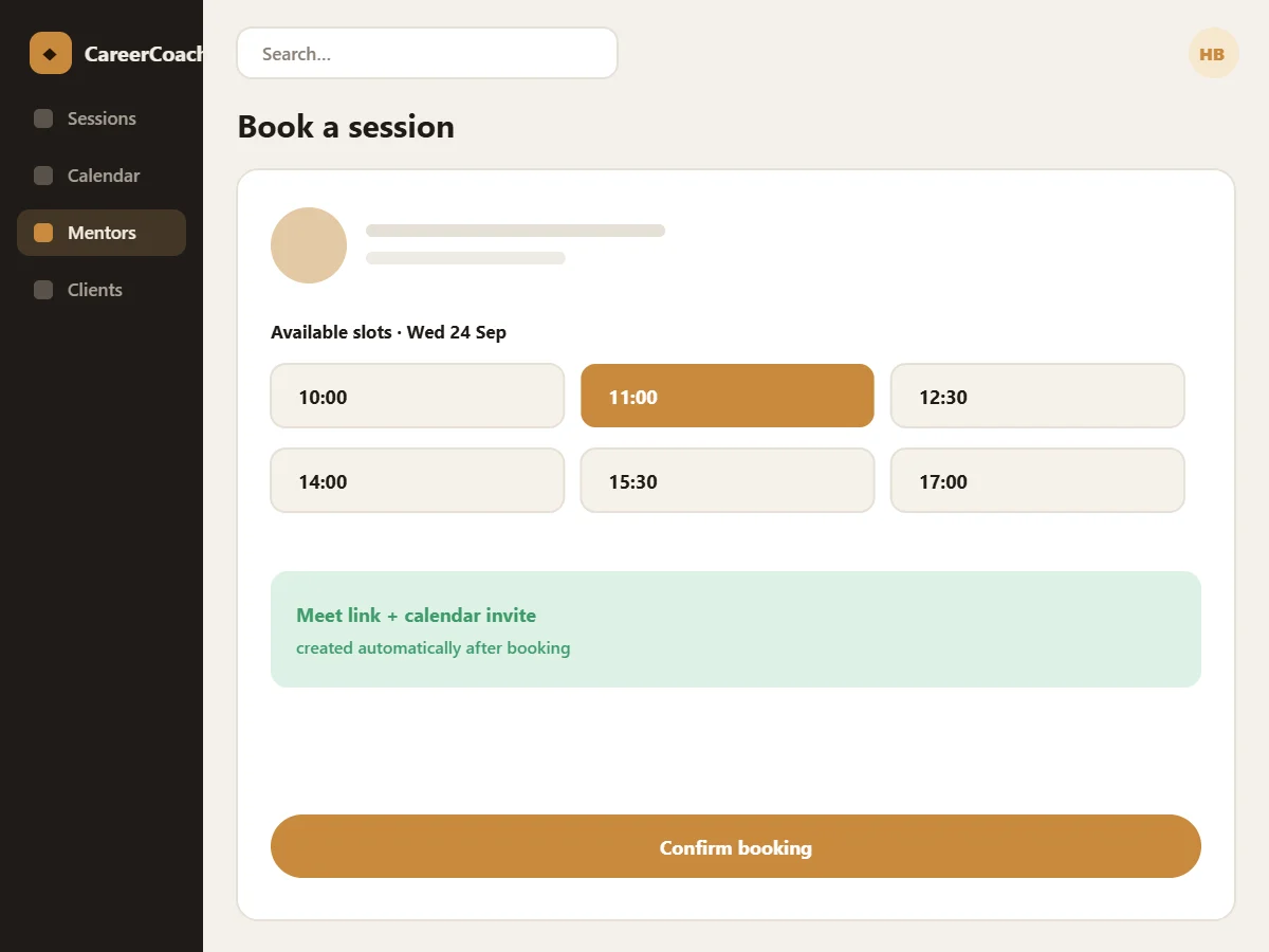 CareerCoach slot booking screen (illustrative mock-up)