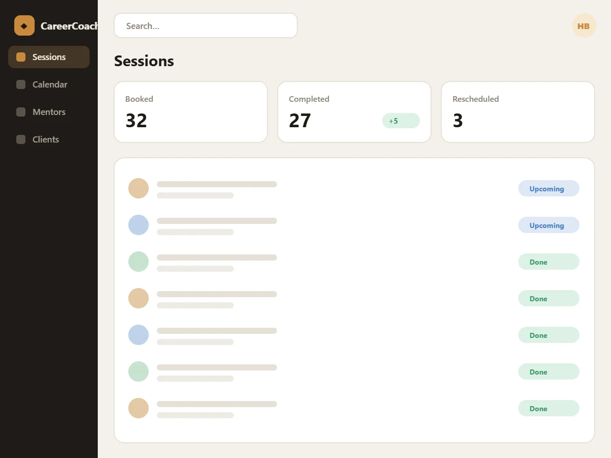 CareerCoach sessions list (illustrative mock-up)