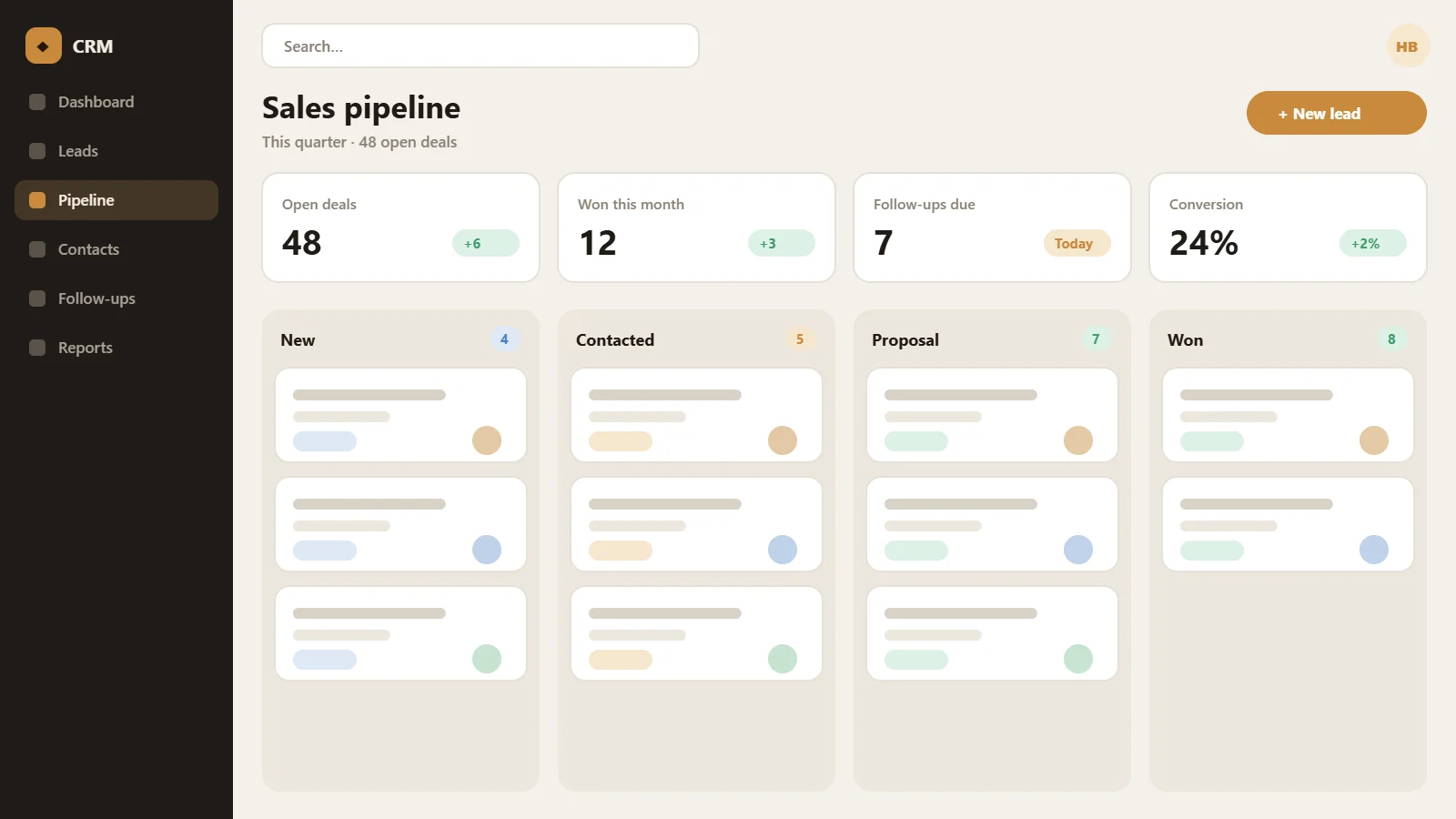 CRM sales pipeline with deal stages (illustrative mock-up)