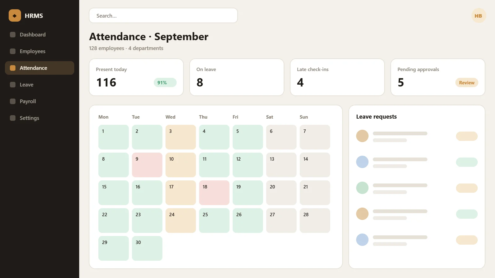 HRMS monthly attendance calendar (illustrative mock-up)