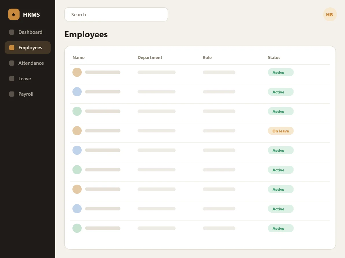HRMS employee directory (illustrative mock-up)
