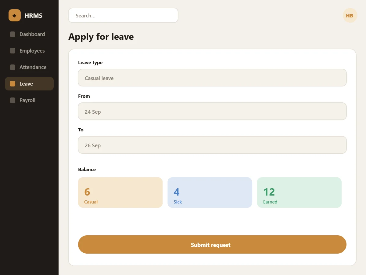 HRMS leave request form (illustrative mock-up)