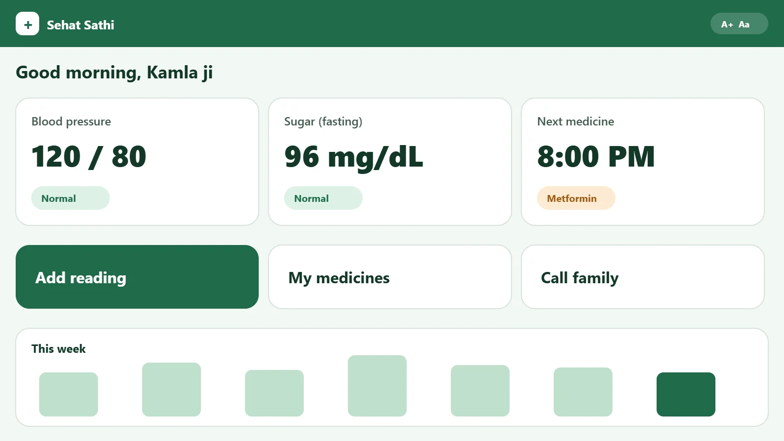 Sehat Sathi home with large readable health cards (illustrative mock-up)